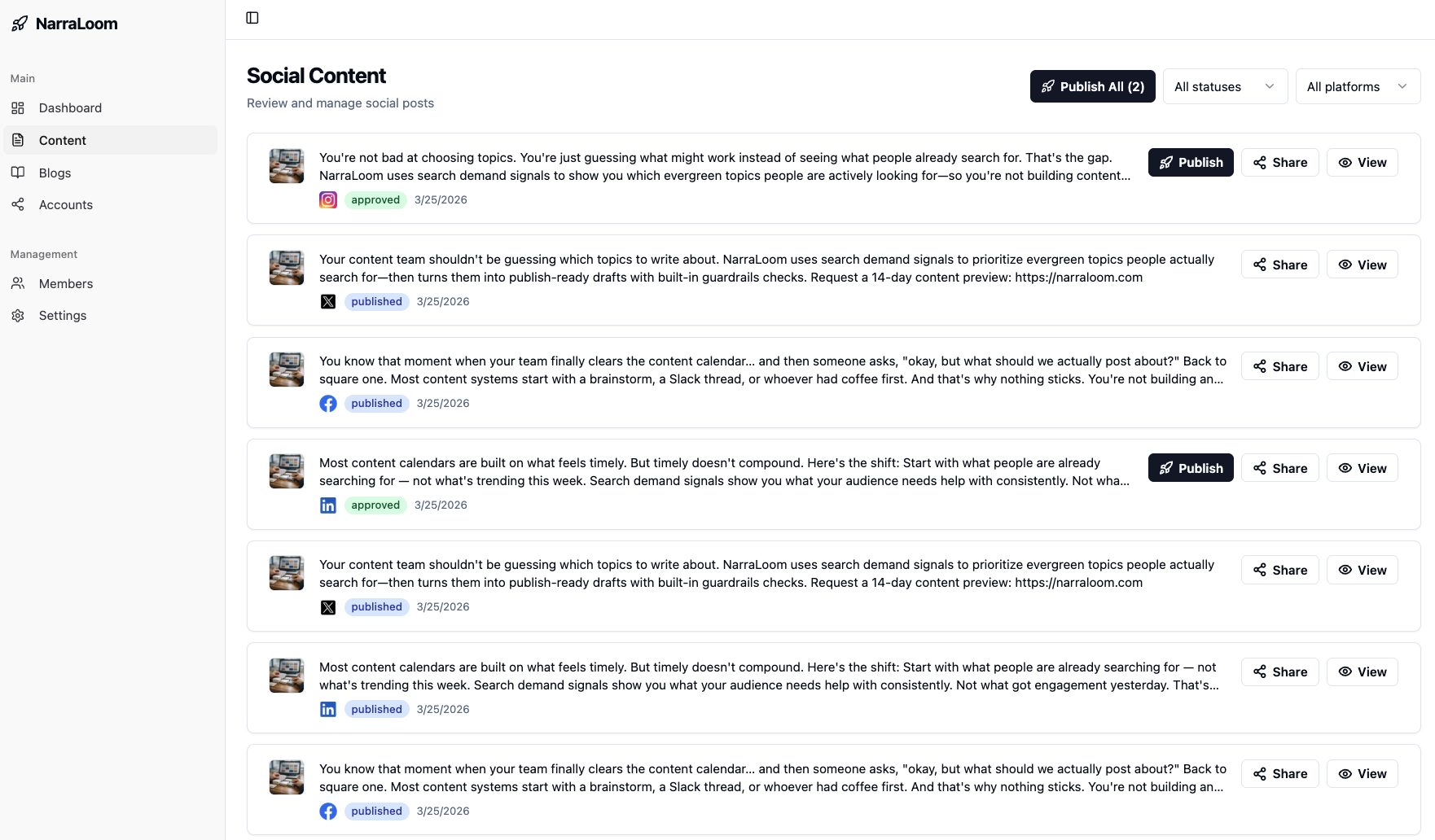 NarraLoom social content dashboard showing published posts across LinkedIn, Facebook, Instagram, and X