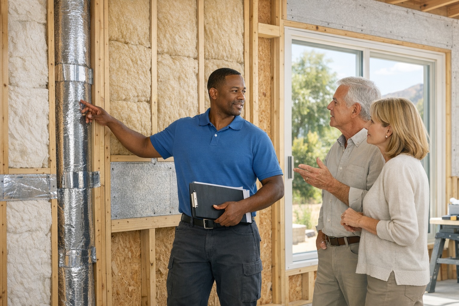 A contractor explains ductwork and wall insulation inside a framed home to two homeowners